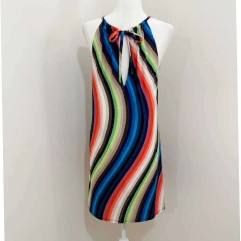 Trina Turk Halter Shift Dress Rainbow Psychedelic Wave Stripe Dress Size M - Picture 4 of 7